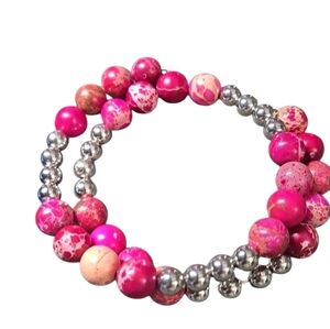 Pink Impression Jasper & Silver Beaded Bracelet – Wire Wrapped Boho